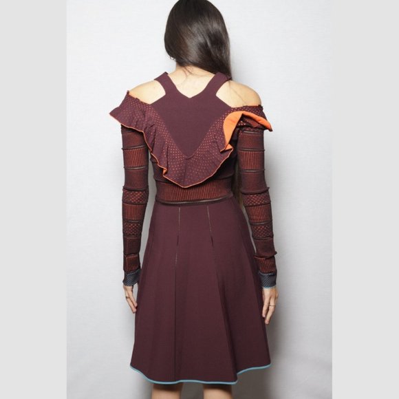 Versace Pre Fall 2017 Ruffle Knit Skater Dress Burgundy Orange Blue Sz 38 A77255 - Picture 6 of 8